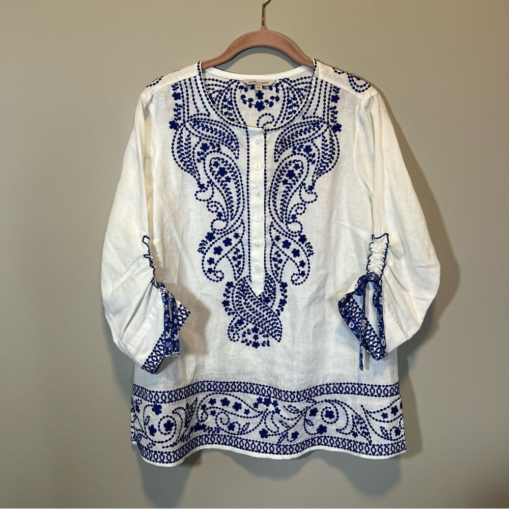 John Mark 100% Linen Embroidered Blue White Top XS